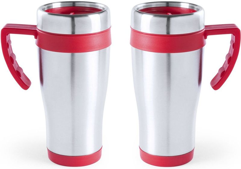 2x stuks rVS thermosbeker/warmhoud koffiebekers rood 500 ml - Isoleerbekers/reisbekers