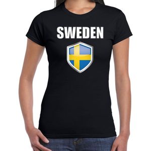 Zweden landen supporter t-shirt met Zweedse vlag schild zwart dames - Feestshirts