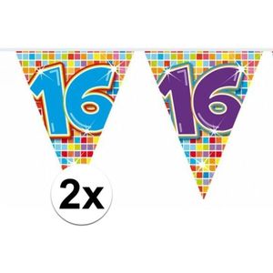 2x Mini vlaggenlijn feestversiering met leeftijd 16 - Vlaggenlijnen