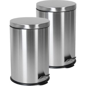 2x stuks RVS prullenbakken/pedaalemmers met 9 liter inhoud - badkamer/toilet/keuken - Zilver - Formaat 35 x 29 cm