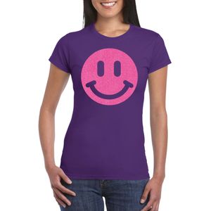 Verkleed T-shirt voor dames - smiley - paars - carnaval/foute party - feestkleding - Feestshirts