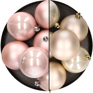 12x stuks kunststof kerstballen 8 cm mix van lichtroze en champagne - Kerstbal