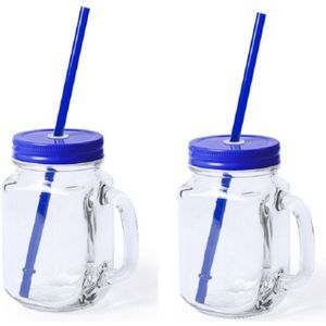 2x stuks glazen Mason Jar drinkbekers blauwe dop/rietje 500 ml - Drinkbekers