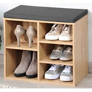 Bruine houtlook schoenenkast/schoenenrek bankje 29 x 48 x 51 cm met zitkussen - Schoenenrekken