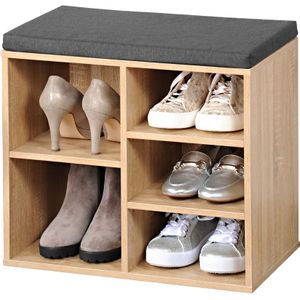 Bruine houtlook schoenenkast/schoenenrek bankje 29 x 48 x 51 cm met zitkussen - Schoenenrekken
