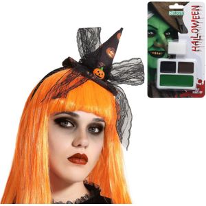 Verkleed setje heks - Mini hoed op diadeem en schmink setje - Carnaval/Halloween thema - Schmink