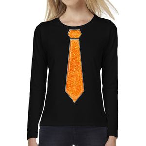 Verkleed shirt voor dames - stropdas oranje - zwart - carnaval - foute party - longsleeve - Feestshirts