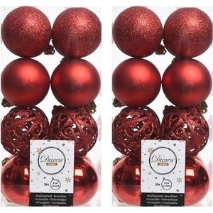 32x Kerst rode kerstballen 6 cm glanzende/matte/glitter kunststof/plastic kerstversiering - Kerstbal