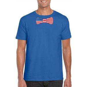 Blauw t-shirt met Amerika vlag strikje heren - Feestshirts