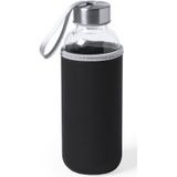 Glazen waterfles/drinkfles met zwarte softshell bescherm hoes 420 ml - Drinkflessen