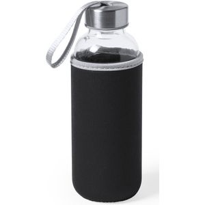 Glazen waterfles/drinkfles met zwarte softshell bescherm hoes 420 ml - Drinkflessen