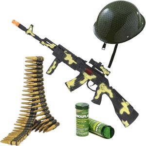 Soldaten/militairen camouflage geweer 59 cm met kogelriem, helm en camouflage schminkstift volwassen - Verkleedattributen