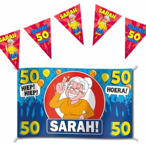 Set  van 1x Sarah/50 jaar gevelvlag 100 x 150 cm en 3x vlaggenlijnen 10 meter  - Vlaggen