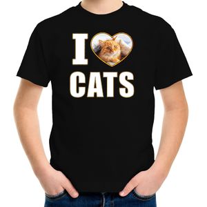 I love cats t-shirt met dieren foto van een rode kat zwart voor kinderen - T-shirts