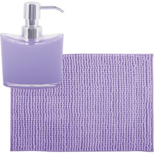 MSV badkamer droogloop mat/tapijtje - 40 x 60 cm - en zelfde kleur zeeppompje 260 ml - lila paars