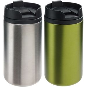 Set van 2x Thermosbekers/warmhoud bekers zilver en groen 290 ml - Isolerende drinkbekers