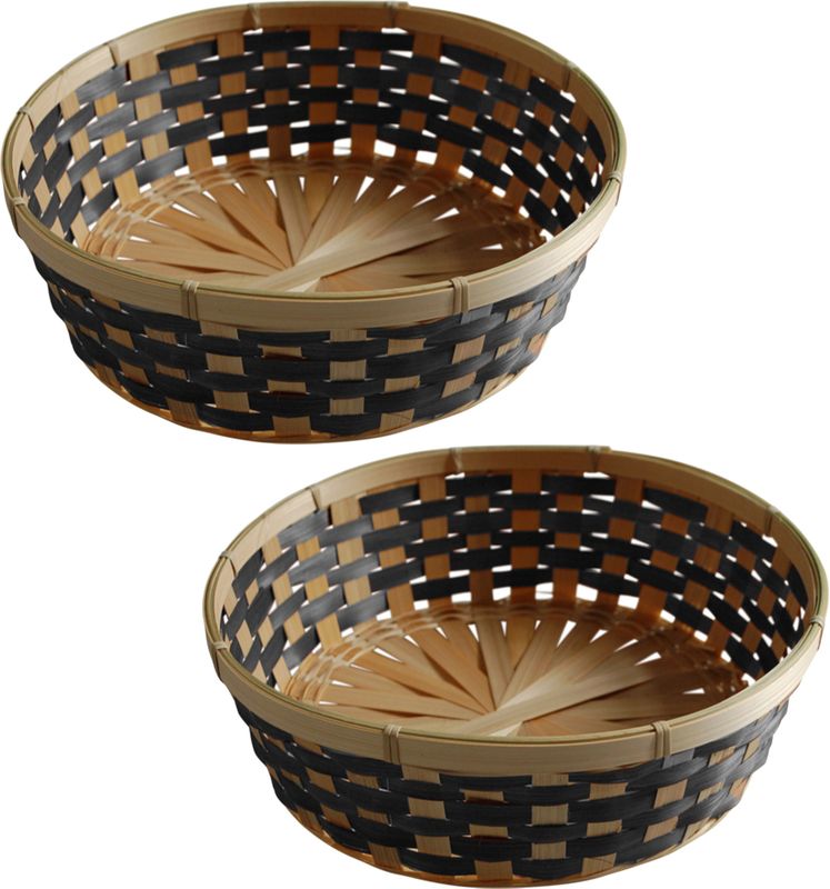 Broodmand rond - 2x - gevlochten bamboe hout - D29 cm - zwart/naturel - broodmand