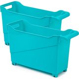 Set van 3x stuks kunststof trolleys turquoise blauw op wieltjes L45 x B17 x H29 cm - Opberg trolley