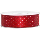 1x Hobby/decoratie rood satijnen sierlint met stippen 2,5 cm/25 mm x 25 meter - Cadeaulinten