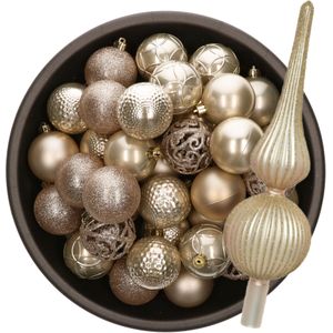 Kerstversiering set - 38-dlg - champagne - kunststof kerstballen en glazen piek - Kerstbal