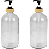 Urban Living Zeeppompje/zeepdispenser - 2x - glas/bamboe - transparant - 1 liter - 24 cm