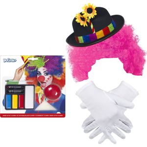 Clown verkleed set volwassenen - Pruik/schmink/handschoenen/hoed - Verkleedpruiken