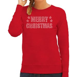 Glitter foute kersttrui rood Merry Christmas glitter steentjes voor dames - Glitter kerst outfit - kerst truien