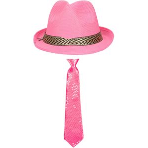 Carnaval verkleedset Classic - hoed en stropdas - roze - heren/dames - verkleedkleding - Verkleedattributen