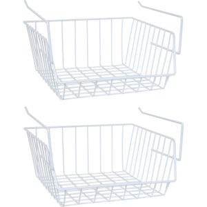 MSV Kastmandje - 2x - opberg/hang mandjes - rvs - wit - 33 x 27 x 13 cm - draadmand