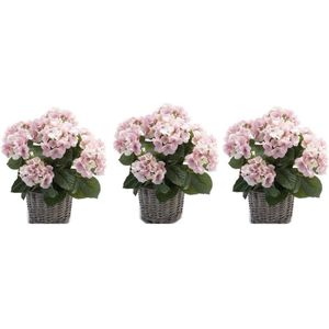 3x Nep Hortensia plant roze in rieten mand kunstplant - Kunstplanten