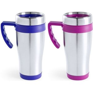 Set van 2x stuks zilverkleur warmhoudbekers/isoleer bekers met rand roze en blauw 500 ml