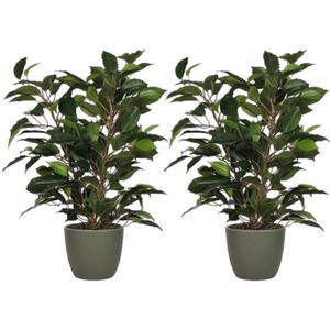 2x Stuks Groene Ficus Kunstplant 40 cm met Plantenpot Dennengroen D13.5 en H12.5 cm