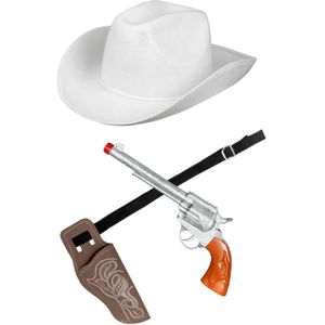Verkleed set cowboyhoed Rodeo wit - met holster en pistool - voor volwassenen - Verkleedhoofddeksels