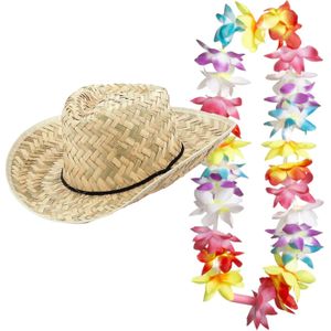 Carnaval verkleed set - Tropische Hawaii party - strohoed - met LED gekleurde bloemenslinger - Verkleedhoofddeksels