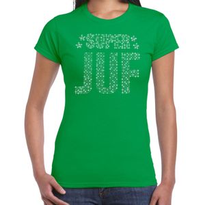 Glitter Super Juf t-shirt groen rhinestones steentjes voor dames - Glitter cadeau shirt/ outfit - Feestshirts