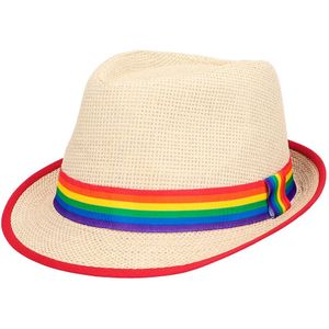 Pride/Carnaval verkleed strohoedje - volwassenen - Met regenboog kleuren band - zonnehoedje - Verkleedhoofddeksels