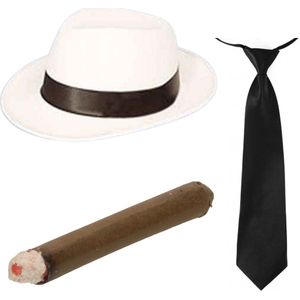 Smiffys - Gangster/maffia verkleed set hoed wit/zwart met stropdas en sigaar - Verkleedhoofddeksels