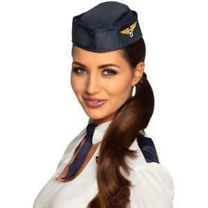 Carnaval verkleed Stewardessen hoedje - blauw/goud - voor dames - Luchtvaart thema - Verkleedhoofddeksels