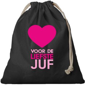 1x Canvas cadeautasje/ bedankt juf tasje Liefste Juf zwart met koord 25 x 30 cm - cadeauverpakking feest