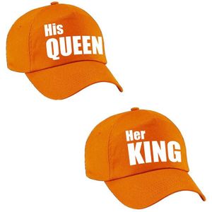 Her King / His Queen petten oranje met witte letters volwassenen - Verkleedhoofddeksels