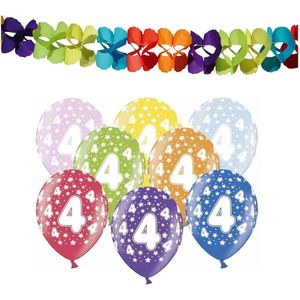 Partydeco 4e jaar verjaardag feestversiering set - Ballonnen en slingers - Feestpakketten
