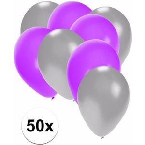 50x ballonnen - 27 cm -  zilver / paarse versiering - Ballonnen
