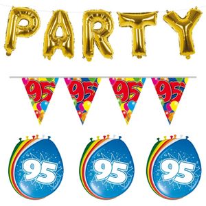 Verjaardag feestversiering 95 jaar PARTY letters en 16x ballonnen met 2x plastic vlaggetjes - Vlaggenlijnen