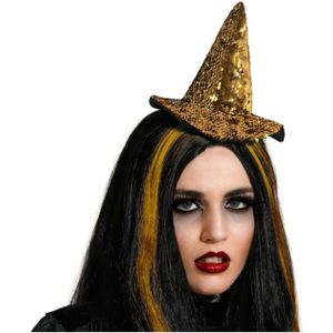 Halloween heksenhoed - mini hoedje op diadeem - one size - goud glitter - meisjes/dames - Verkleedhoofddeksels