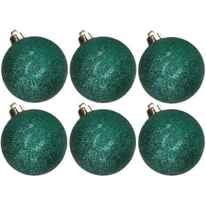 6x stuks kunststof glitter kerstballen petrol groen 6 cm - Kerstbal