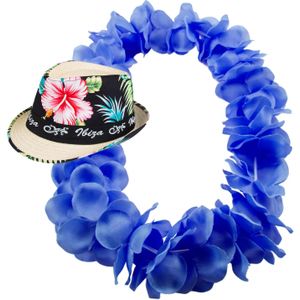 Hawaii thema party verkleedset - Trilby strohoedje - bloemenkrans knal blauw - Tropical toppers - Verkleedhoofddeksels