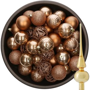 37x stuks kunststof kerstballen camel bruin 6 cm incl. glazen piek goud - Kerstbal