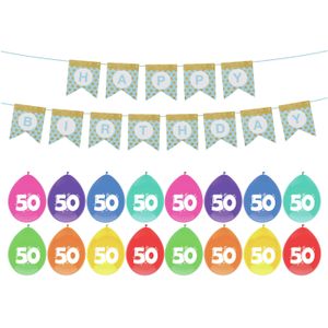 Verjaardag 50 jaar geworden versiering - 32x thema ballonnen - 1x Happy Birthday slinger 300 cm - Ballonnen