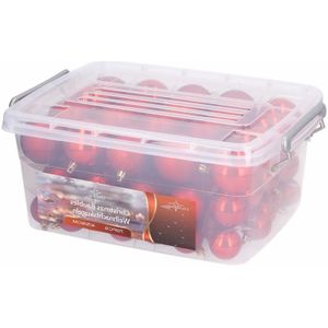 Opbergbox/bewaarbox met 70 rode kunststof kerstballen pakket - Kerstbal