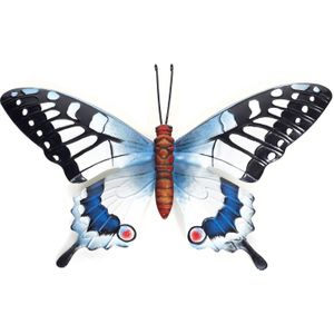 Schutting decoratie vlinders 37 cm zwart/blauw metaal - Tuindecoratie